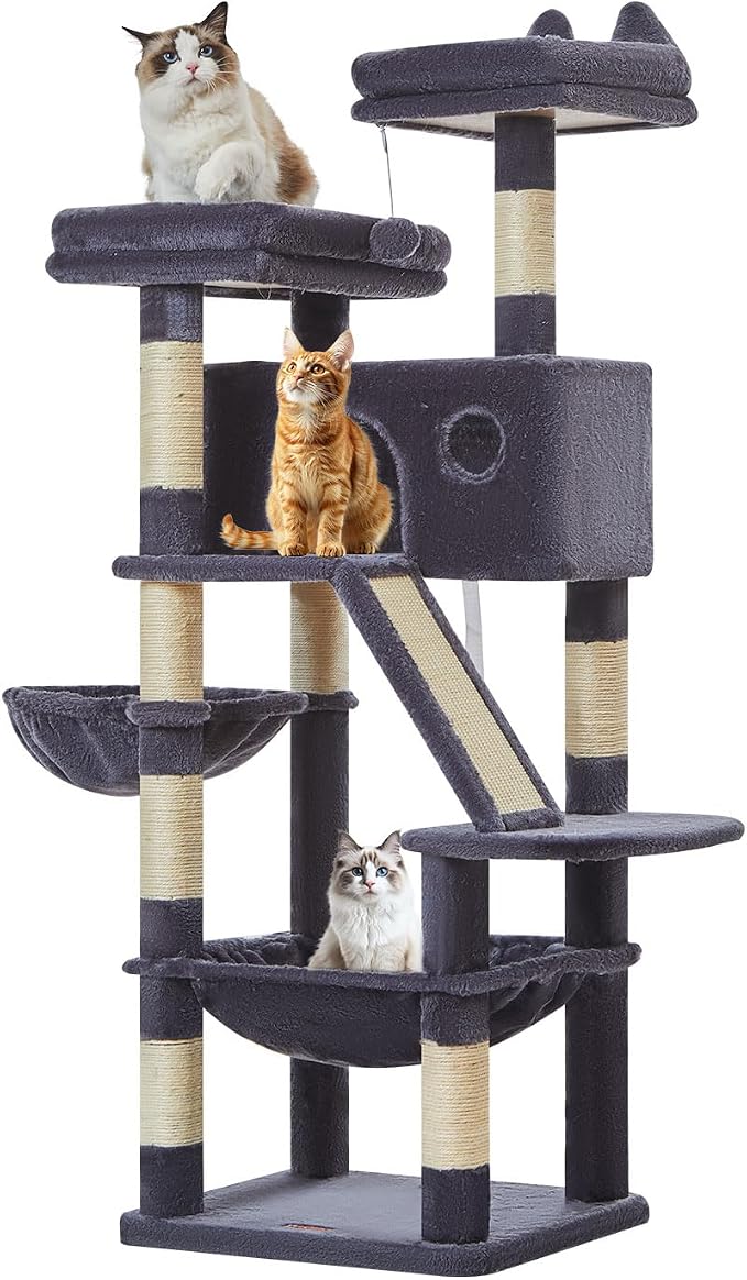 Taoqimiao Sturdy Cat Tree, 58In Cat Tower for Indoor Cats Large Adult | Spacious Cat Condo, 2 Cute Perches, Metal Frame Hammock, 1 Scratch Board, 8 Natural Sisal Posts, Basket, Smoky Gray, MS026G