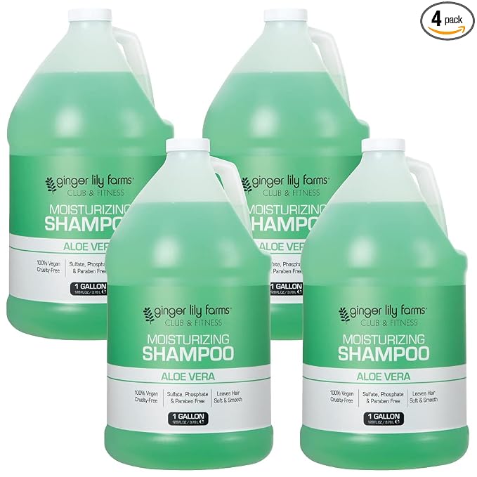Ginger Lily Farms Club & Fitness Moisturizing Shampoo for All Hair Types, 100% Vegan & Cruelty-Free, Aloe Vera Scent, 1 Gallon (128 fl oz) Refill (Pack of 4)