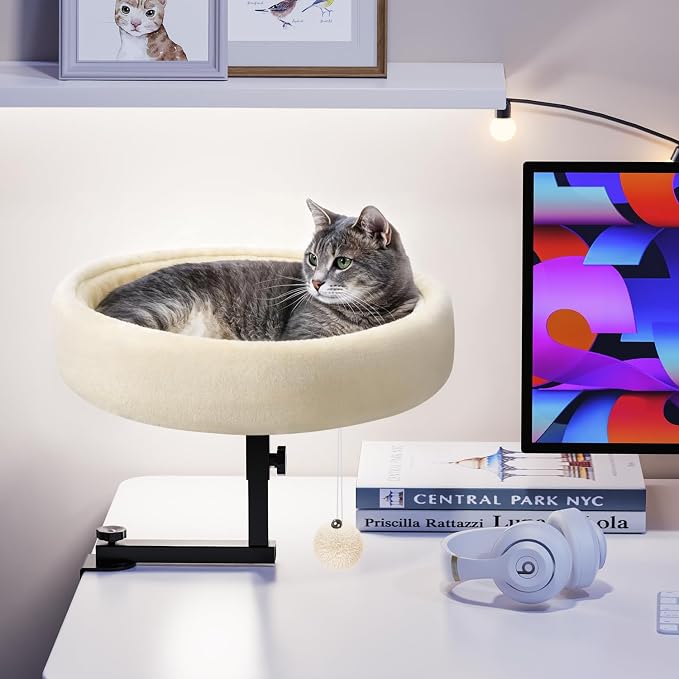 Chumajor Cat Desk Bed - 360° Rotating & Adjustable, Supports 50 lbs, Soft Faux Fur with Dual-Sided Reversible Mat, Modern Indoor Cat Nest Furniture for Office Desks and Game Tables, Island Table white | Secure Clamp Design Installs in Minutes Without D...