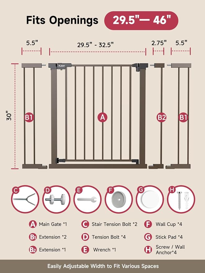 Baby Gate for Stairs, 30'' Tall 29.5-46" Extra Wide Dog Gate for Stairs Walk Thru Auto Close Metal Pet Gate for The House, Stairs and Doorways Child Gate Pressure Mounted Safety Gate Indoor - Brown