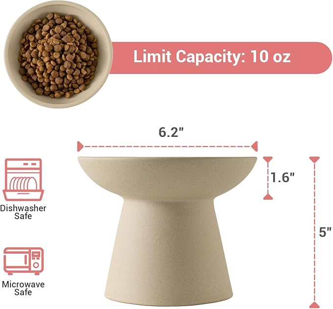 CEEFU 2-Pack Extra Wide Elevated Ceramic 6.2" Shallow Cat Food Bowls | Cat Dish for Whisker Fatigue Relief, 5" Height for Easy Feeding, Durable Raised, Pottery Clay (Not Glazed)