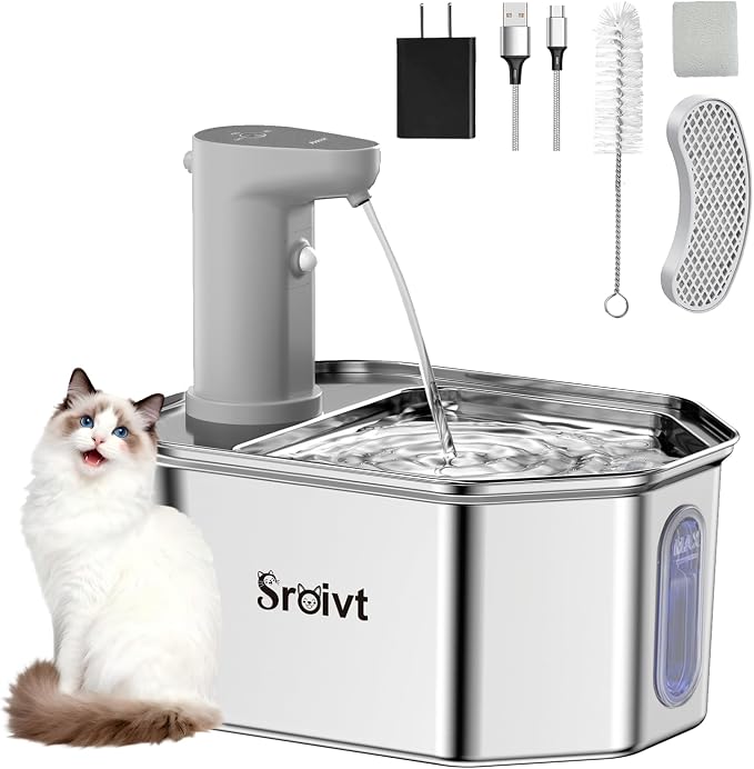 Cat Water Fountain Stainless Steel,Cordless,Rechargeable,2.6L,1 Filter | cat fountain,wireless,water fountain for cats,outdoor,indoor,battery operated,motion sensor,metal,auto,outside,automatic