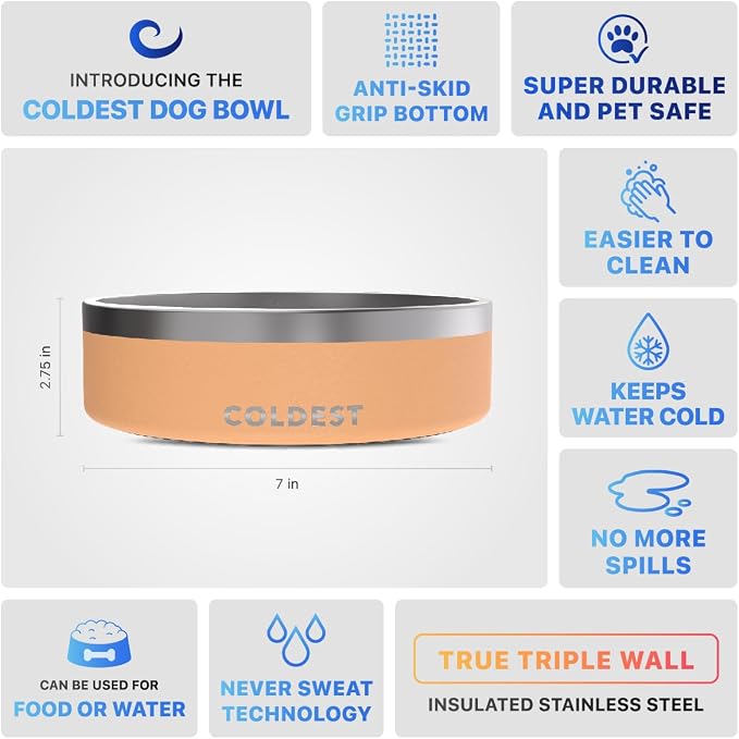 Coldest Dog Bowl - Anti Rust Metal, Non Slip, 3 Layers Insulated Stainless Steel Dog Bowls - Spill Proof & Heavy Duty - Water Bowl for Dogs, Cats & Pets, Dish Washer Safe (42 oz, Sahara Peach)