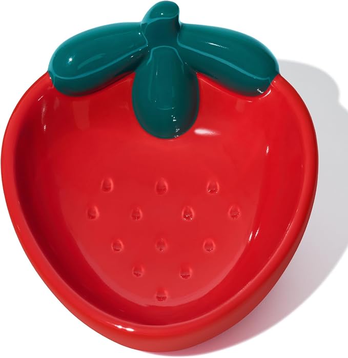 VETRESKA Ceramic Pet Bowl, Tilted Design Pet Feeder for Food and Water | Anti Vomit Cat Bowls for Indoor Cats Cute Strawberry Cat Bowl Dishwasher Safe
