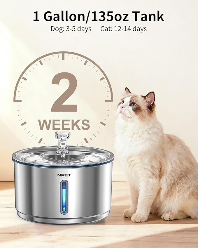 NPET Stainless Steel Cat Water Fountain, 1Gallon/135oz Automatic Pet Drinking Fountain Dog Water Dispenser with 8 Replacement Filters for Cats Indoor