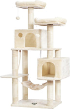 Hey-brother Cat Tree Tower with Sisal Scratching Posts, Big Condo, MPJ020M | 53.7 Inches Multi-Level Cat House with 2 Bigger Plush Condos, 2 Platforms, Hammock, Toy Balls for Indoor Cats, Beige