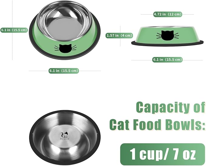 Serentive 2 Pcs Non-Slip Stainless Steel Small Cat Food Bowls - Unbreakable, Thicken 7 Oz Cat Dishes - Indoor, Removable Rubber Base, Easily Clean, Lovely Color