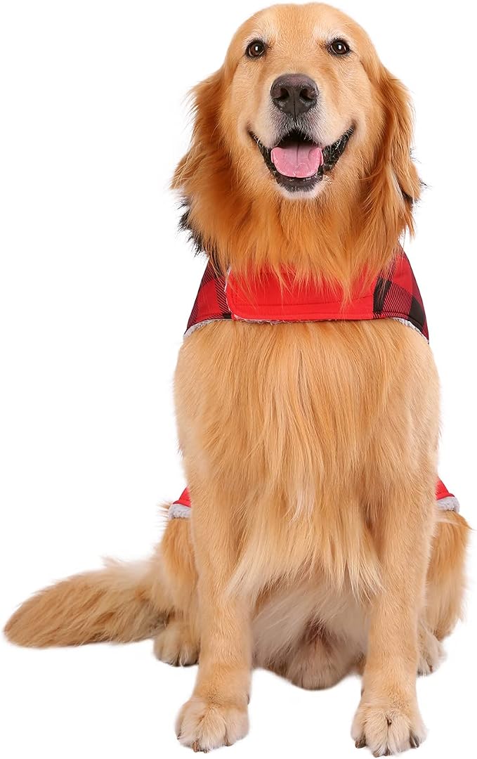 HDE Dog Puffer Jacket Fleece Lined Warm Dog Parka Winter Coat with Harness Hole Buffalo Plaid - L
