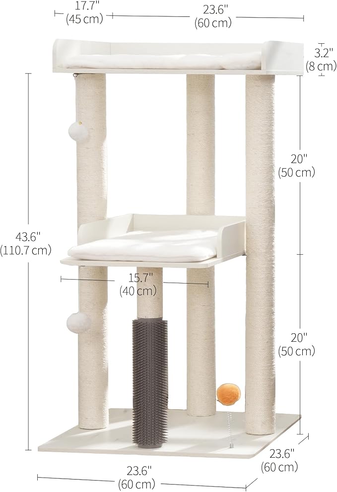 FourFurPets 43.7" Cat Tree, Modern Cat Tree Tower, Cat Tower for Indoor Cats Large Adult, Cat Condo with Scratching Post, Large Perch and Removable Pads, White