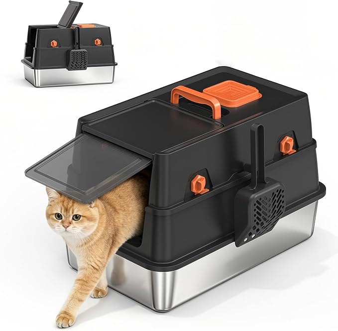 Stainless Steel Litter Box with Lid, Enclosed Metal Cat Litter Box with 120° Flip-Top & Built-in Handle, Easy Clean High-Sided Cat Pan with Cat Scoop Holder for Odor Control,Leak-Proof,Black