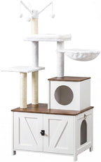 HOOBRO Cat Tree with Litter Box Enclosure for Indoor, 59 Inch Modern Cat Tower with Scratching Posts, Wooden Cat Condo, Hidden Litter Box Furniture, All-in-One Cat House, White and Walnut WH15MZ03