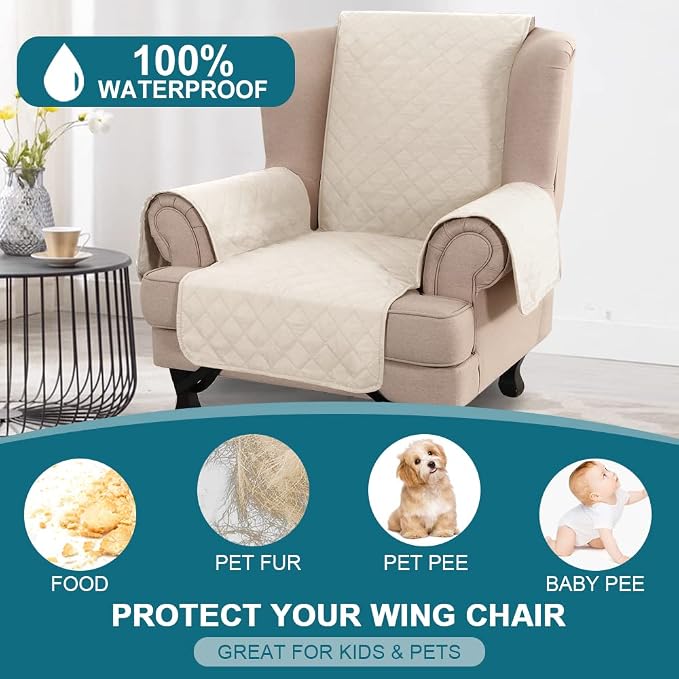 Turquoize 100% Waterproof Wing Chair Cover Wing Armchair Slipcovers Chair Couch Protector Triple Non-Slip Sofa Slipcover for Wing Chair Furniture Protector for Pets, Kids,Dog (Wing Chair, Ivory)
