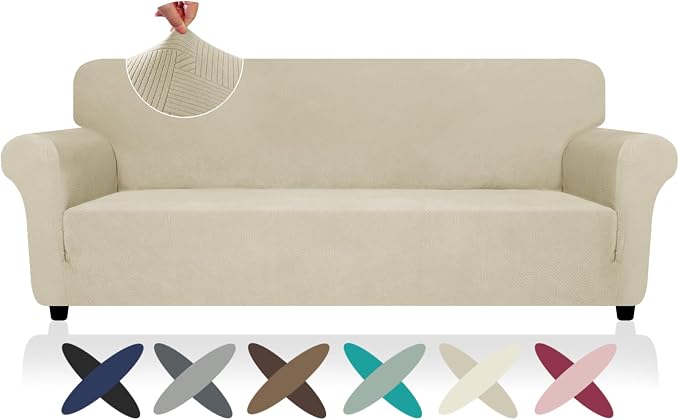 ZNSAYOTX Oversized Super Stretch Couch Cover (92"-115"), New Striped Sofa Covers Comfortable & Durable, Dog Cat Pets Friendly Extra Large Spandex Sofa Slipcovers (Khaki, XL Sofa)