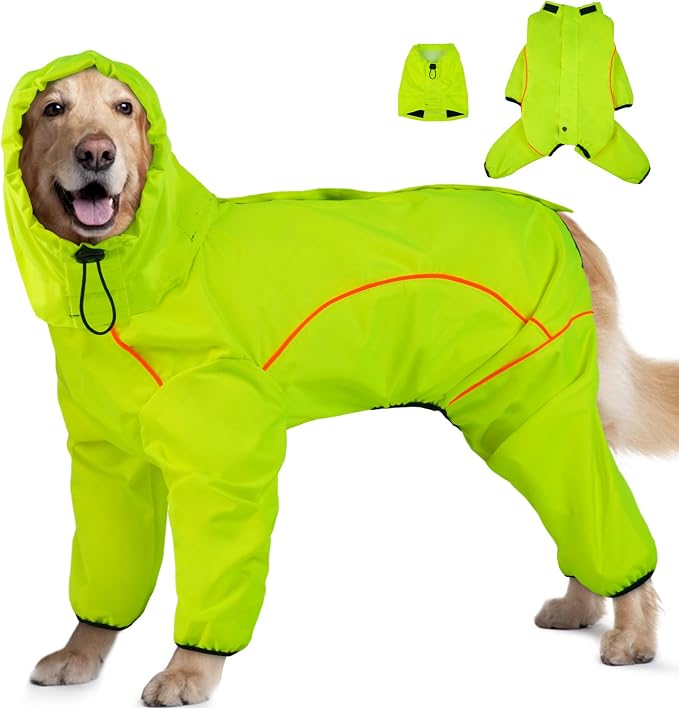 ADINIKIA Dog Raincoat, Waterproof Rain Jacket with Removable Hood,Green 2XL | Leash Hole/ Reflective Stripe/Adjustable 4 Legs Rainsuit/Full Coverage/ Snowproof Windproof/ For Small to 3X-Large Dogs
