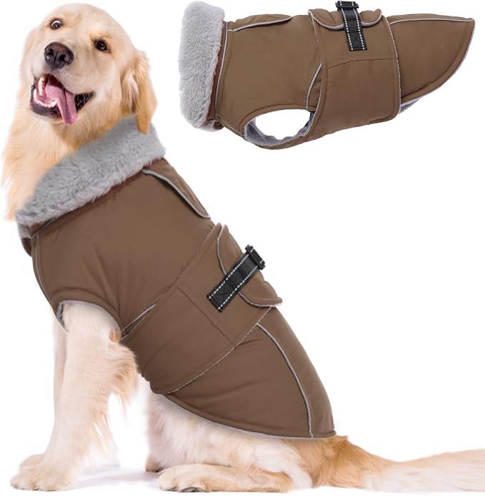 Lelepet Dog Coats for Large Dogs Waterproof Dog Jacket with Adjustable Fit | Reflective Winter Coat Pet Fleece Vest Windproof Cold Weather Coats with Adjustable Buckle & Leash Hole, Brown, XXL