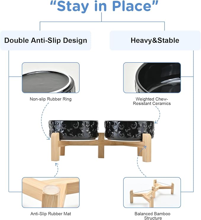 SPUNKYJUNKY Elevated Dog Bowls Ceramic, 5.1'' Dogs and Cat Food Water Bowls Raised with Non-Slip Bamboo Stand for Puppy Small Sized Breed Microwave Dishwasher Safe - 13.5 OZ,Skull Black