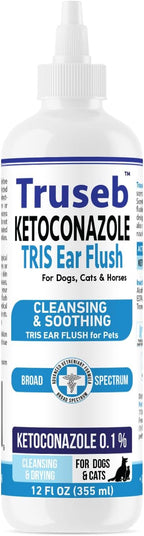 Truseb Cat & Dog Ear Infection Treatment Solution – Medicated Ketoconazole 1% TRIS with Trizmax EDTA (Tromethamine USP, Disodium Edta) – Soothes Itchy & Inflamed Ears, Cleans Debris and Buildup(12 oz)