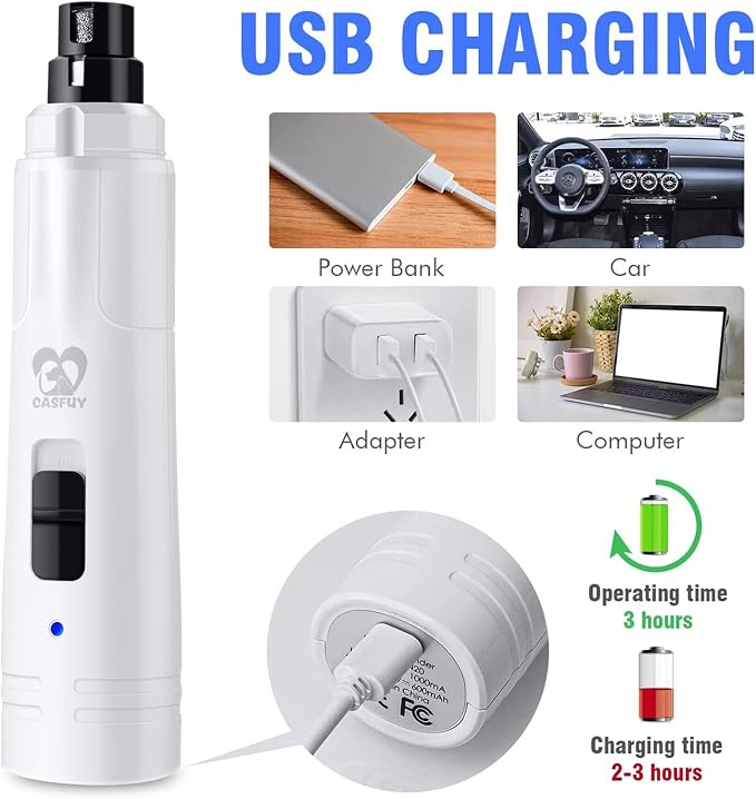Casfuy Dog Nail Grinder with LED Light - Upgraded 2-Speed Electric Pet Nail Trimmer Powerful Painless Paws Grooming & Smoothing for Small Medium Large Dogs & Cats (White)