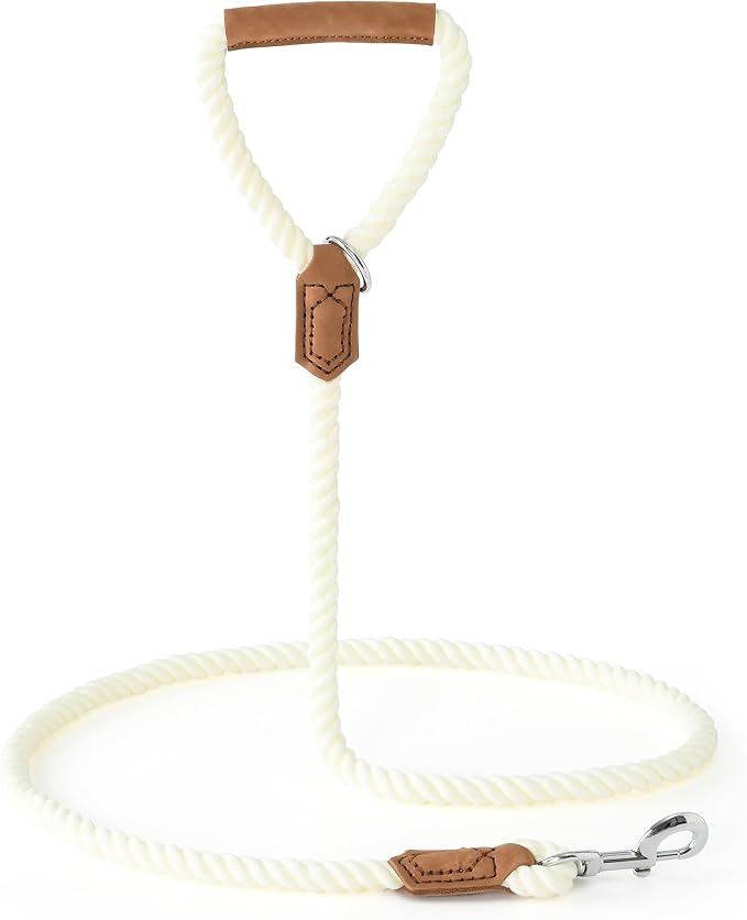 Mile High Life Dog Leash Braided Cotton Rope w/Leather-Wrapped Ends/Handle | Rust-proof 360° swivel clasp, Heavy-duty for medium/large breeds. Great for weddings, daily walks (5 FT, 1/2", White)