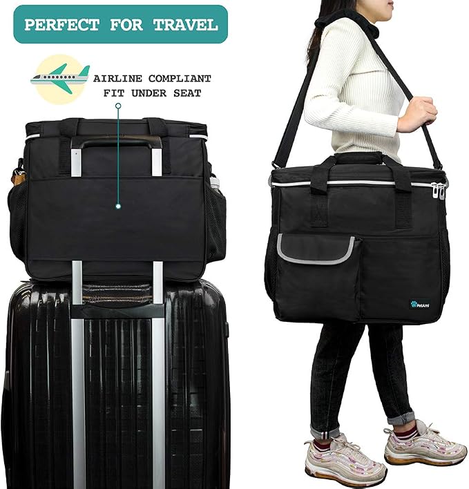 PetAmi Dog Travel Bag Organizer, Pet Travel Kit with 2 Food Containers & 2 Collapsible Dog Bowls, Pet Supplies Tote with Luggage Sleeve, Weekend Road Trip Camping Essentials, Black, Large