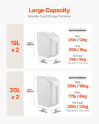 VEVOR Rice Storage Container, 3.5Gal/15Lx2 + 4.5Gal/20Lx2 Large Dog Food Dispenser Bin, Kitchen Ingredient Grain Cereal Bin, Pet food Containers with Wheels, 4 Measuring Cups, Airtight Lid, 4 Pack