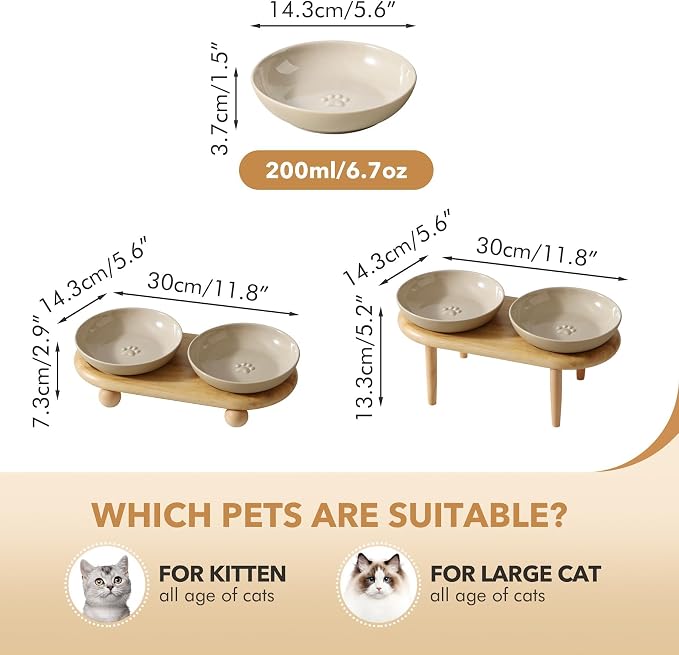 Havniva Elevated Cat Bowls, Cat Food and Water Bowl Set, Ceramic Cat Bowl | Raised Cat Food Bowls, Whisker Friendly, 5.6” Shallow Cat Dishes, Wide Cat Plates, Non-Slip Wood Stand, Two Heights