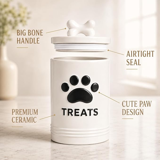 White Dog Treat Container, 5.3''×9.1'', with Airtight Lid, 7 Cups Capacity
