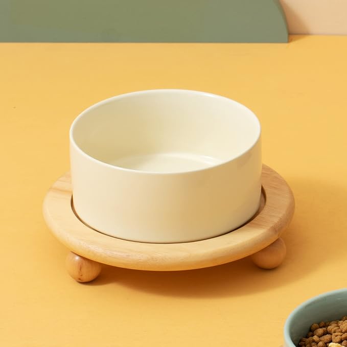Havniva Raised Cat Bowl 5.1” Elevated Ceramic Cat Food and Water Bowl | Cat Bowls Elevated, Whisker Friendly Cat Bowl, Non-Slip Wood Stand, Food-Grade Ceramic, Wide Opening, Dishwasher Safe