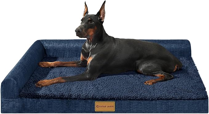 Patas Lague Orthopedic Large Dog Bed Pet Sofa Beds 48''X30''Navy Blue | L Bolster Egg-Crate Foam Dog Couch For Large Sized Dogs, Waterproof Removable Washable Cover, Pet Mat with Nonskid Bottom