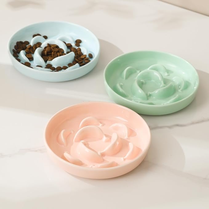 Ceramic Slow Feeder Cat Bowl, 6.3'' Wide Whisker Friendly Cat Puzzle Feeder | Slow Eating 5x, Anti Vomit Shallow Slow Eating Cat Dish for Dry and Wet Food, Microwave and Dishwasher Safe, 6.3" X 1.2"