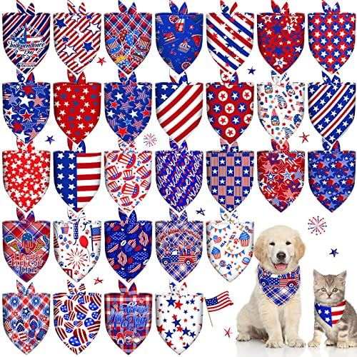 30Pcs 4th of July Dog Bandanas Bulk American Flag Pet Scarf Holiday Puppy Bandanas Washable Adjustable Patriotic Dog Bandana for 250th Anniversary Independence Day Sport Event Small Large Pet Grooming by Piklodo