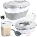 Rice Storage Bin Cereal Containers, 13-50lb Collapsible Rice Container Dispenser with Transparent Lid, Rolling Wheels, Measuring Cup and Scoop, Airtight Dog Cat Pet Food Storage Container White