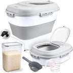Rice Storage Bin Cereal Containers, 13-50lb Collapsible Rice Container Dispenser with Transparent Lid, Rolling Wheels, Measuring Cup and Scoop, Airtight Dog Cat Pet Food Storage Container White