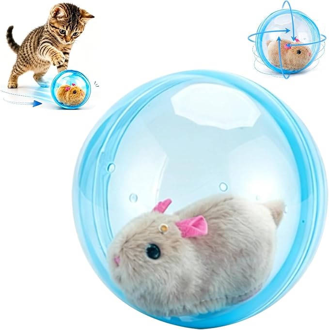 Self-Rolling Interactive Cat Ball - Mouse - Automatic Obstacle Avoidance | Realistic Plush Cat Toy Ball Mouse Designs Automatic Rolling for Chasing Fun Blue Ball