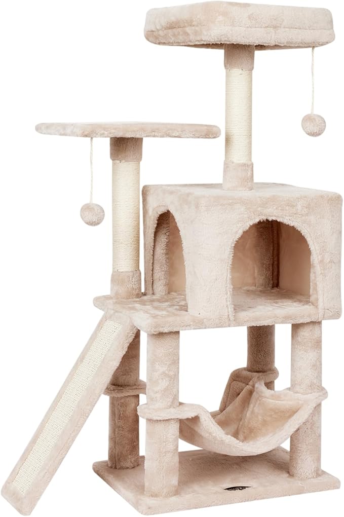 Cut Cat Tree Cat Tower Condo with Hammock Kittens Scratching Post Beige | MIAO PAW Cat Bed For Indoor Modern Activity Tree for small Cat with Board Hanging Ball Play House