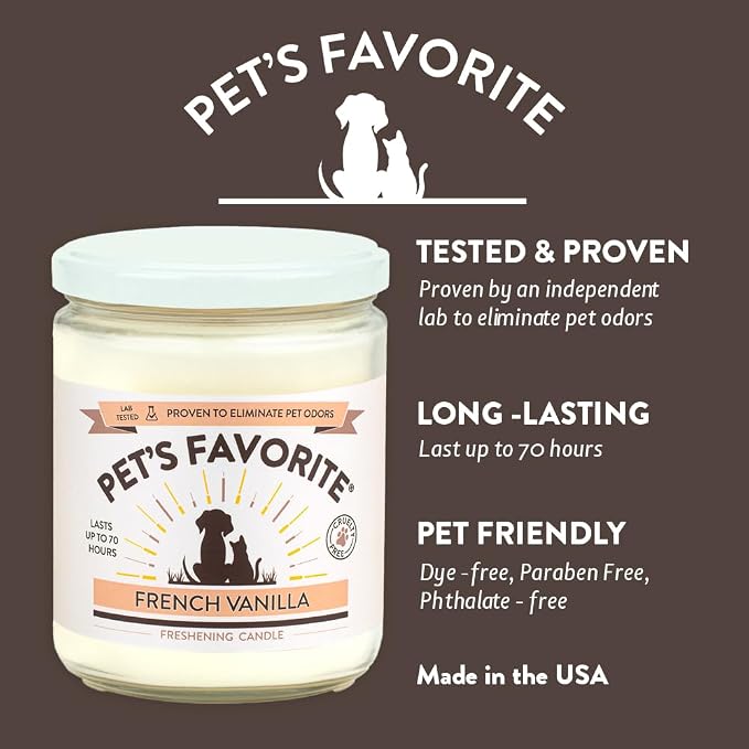 Pet's Favorite French Vanilla Candle for Pet Odor, Clean, Plant Based Air Freshener with a Natural Fiber Wick and 70 Hour Burn Time, Scented Pet Candle for Home