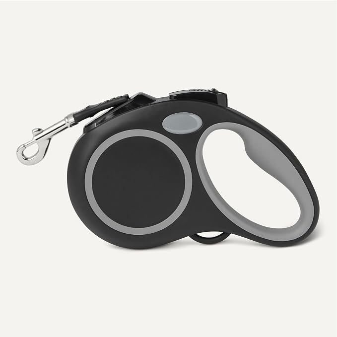 Amazon Basics Reflective Retractable Dog Leash, 16.4 Ft Tape Leash for Dogs Up to 55 Lbs, Non-Slip Comfort Grip, Quick-Lock, Medium, Black