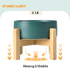 SPUNKYJUNKY Ceramic Elevated Dog Bowls 2 Pack - 6.1inch Raised Dog Bowls with Non-Slip Wooden Stand for Medium Dogs Dishwasher Safe(Green,28.7OZ*2)