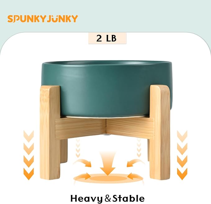 SPUNKYJUNKY Ceramic Elevated Dog Bowls 2 Pack - 6.1inch Raised Dog Bowls with Non-Slip Wooden Stand for Medium Dogs Dishwasher Safe(Green,28.7OZ*2)