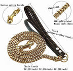 Strong Dog Chain Gold Leash Long 3FT 4FT 5FT 18K Stainless Steel 12mm Curb Cuban Link Dog Leash with Comfortable Genuine Leather Handle(Gold, 3FT)