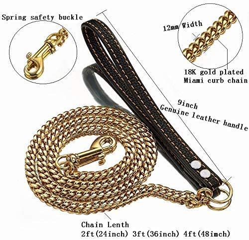 Strong Dog Chain Gold Leash Long 3FT 4FT 5FT 18K Stainless Steel 12mm Curb Cuban Link Dog Leash with Comfortable Genuine Leather Handle(Gold, 3FT)