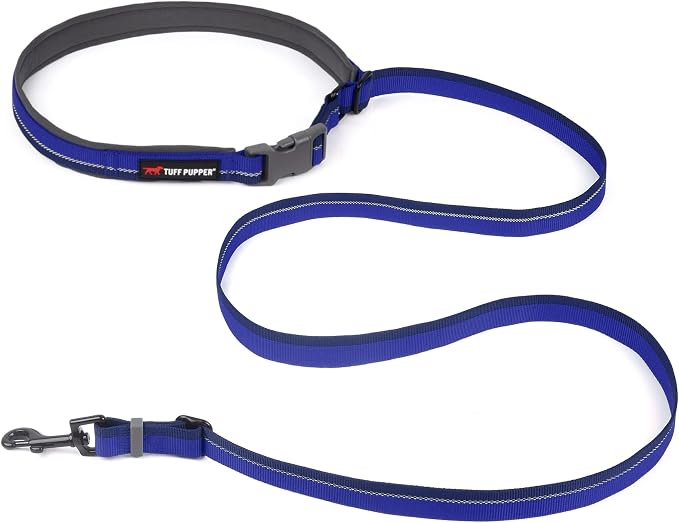 Tuff Pupper Hands Free Adjustable Length Dog Leash | Lightweight for Running Jogging Walking | Padded Waist Belt (24-50 inch) | Adjusts 3 to 6 Feet Length | Strong Ballistic Nylon w/Reflective Strips