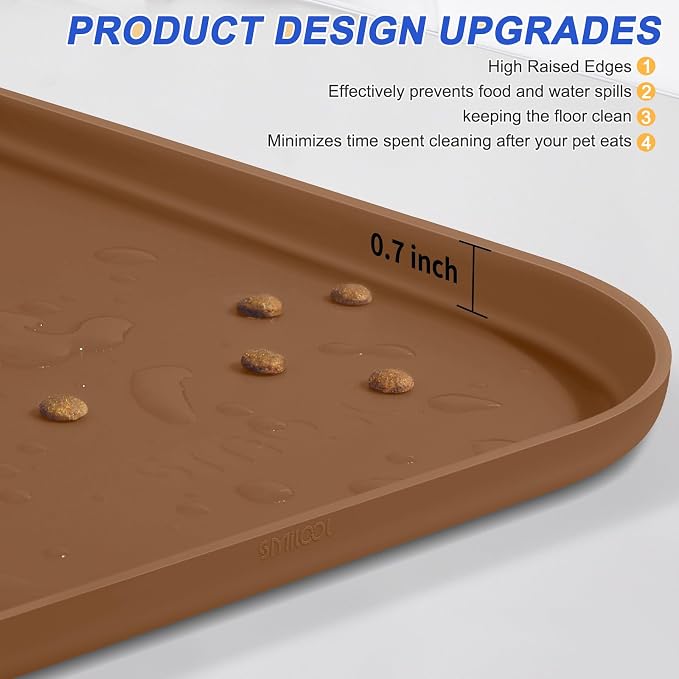 SMILOOL Silicone Pet Food Mat with Raised Edge for Food and Water Bowl, Dog Feeding Mats, Cat Food Trays for Floor Waterproof, Rubber Tray for Dogs and Cats, 19 x 12 x 0.7 Brown