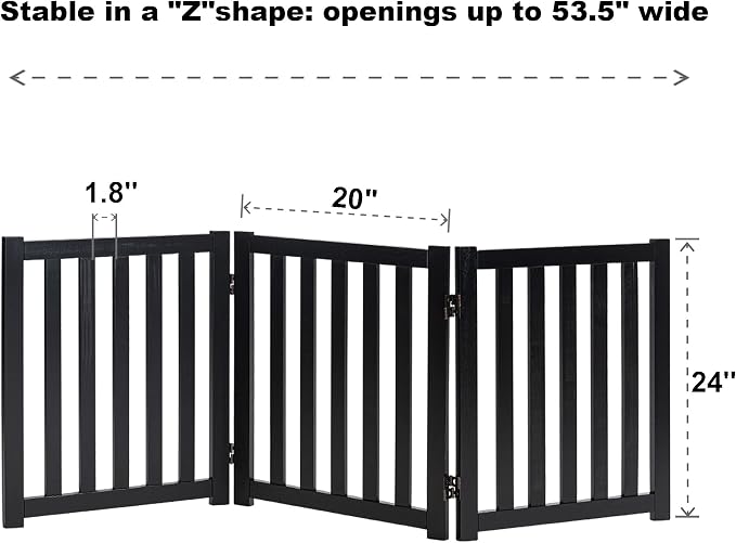 LZRS Wooden Free Standing Foldable Dog Gate Indoor – 60" W x 24" H,Step-Over Safety Pet Gate for Doorways, Stairs, Hallways, Indoor Dog Barrier for Small to Medium Dogs & Puppies, Black
