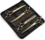 Moontay Professional 7" Dog Grooming Scissors Set 4PCS, Gold | Straight, Upward Curved, Downward Curved, Thinning/Blending Shears for Dog, Cat and Pets, JP Stainless Steel