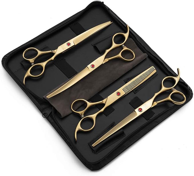 Moontay Professional 7" Dog Grooming Scissors Set 4PCS, Gold | Straight, Upward Curved, Downward Curved, Thinning/Blending Shears for Dog, Cat and Pets, JP Stainless Steel