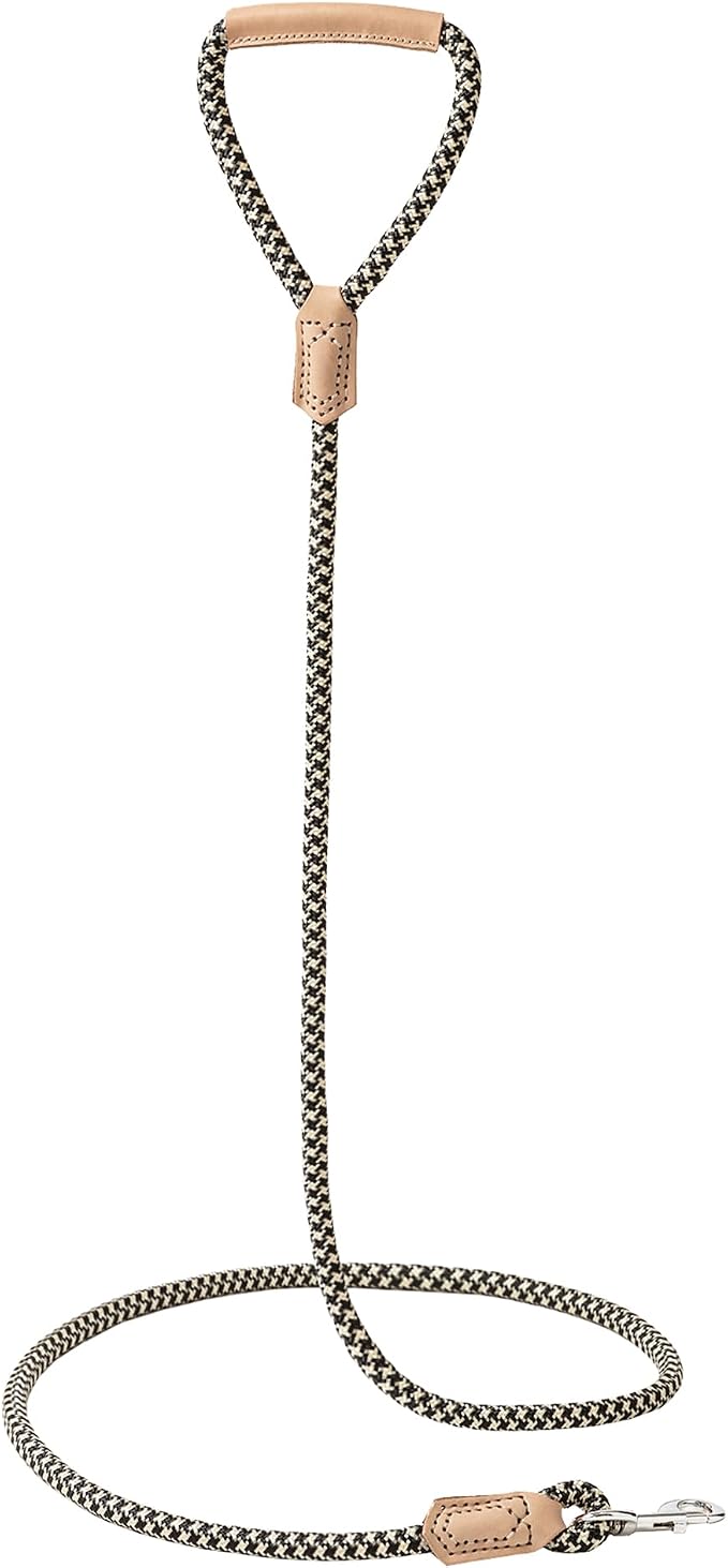 Mile High Life Dog Leash with Genuine Leather Handle, 4/5/6 FT | Rope Leash, Heavy Duty 360° Swivel Metal Clasp, for Small Medium & Large Dogs Walking (Black Khaki, 48 Inch-1/2)