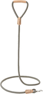 Mile High Life Dog Leash with Genuine Leather Handle, 4/5/6 FT | Rope Leash, Heavy Duty 360° Swivel Metal Clasp, for Small Medium & Large Dogs Walking (Black Khaki, 48 Inch-1/2)