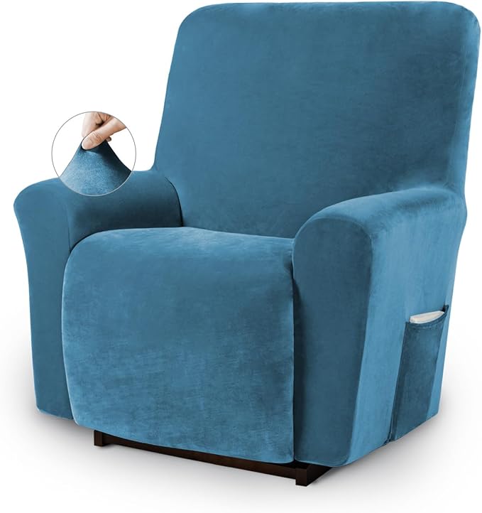 Asnomy Stretch Recliner Chair Covers with Pockets 1-Piece（Peacock Blue） | Velvet Washable Elastic Luxury Plush Reclining Furniture Protector for Dogs Cats or Lazy Boy Recliner Covers