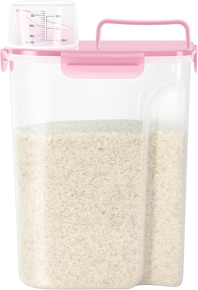 LEAWALK Airtight 10LBS Rice/Cereal/Dry Food Storage Container BPA Free, 5.28Qt Clear Plastic Kitchen and Pantry Organization Bin Suitable for Oats, Flour, Sugar, Pasta, Pet Food, etc (Rose Pink)